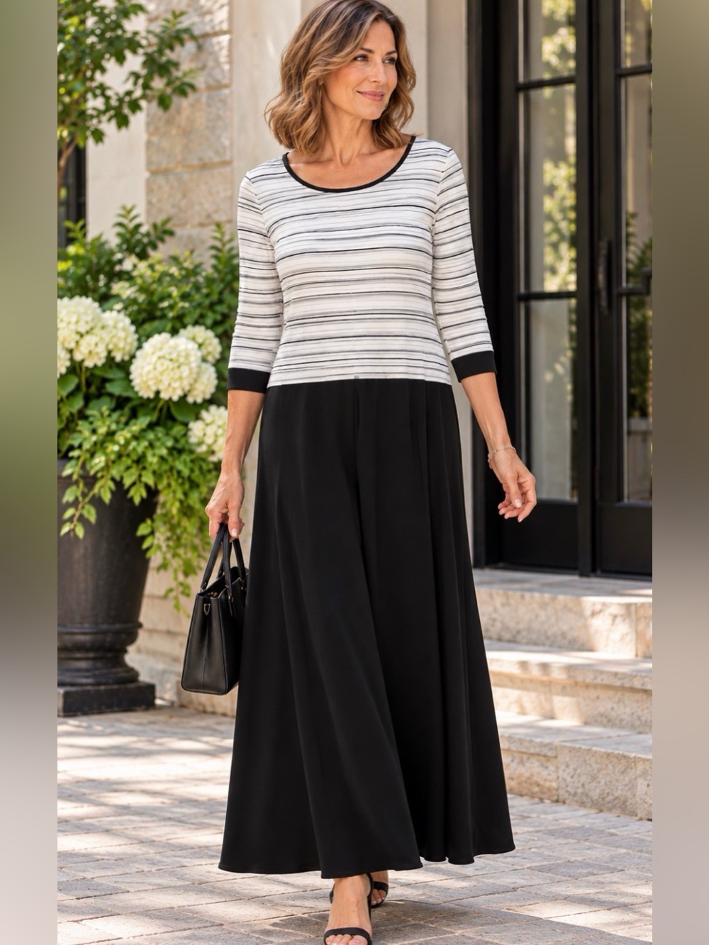 Joseph Ribkoff Colorblock Striped Maxi Dress Black Cream Size 14